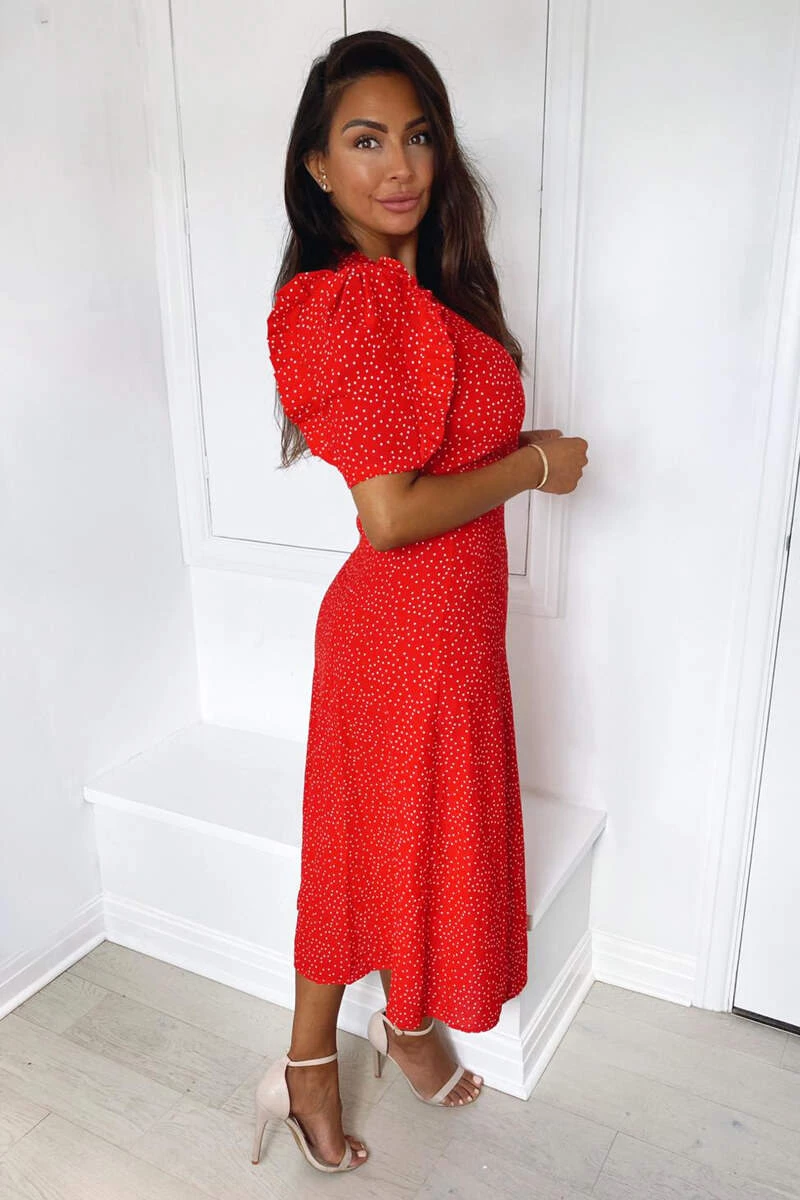 AX Paris Red Polka Dot Frill Sleeve Midi Dress Dresses 4 AX Paris Red Polka Dot Frill Sleeve Midi Dress Dresses