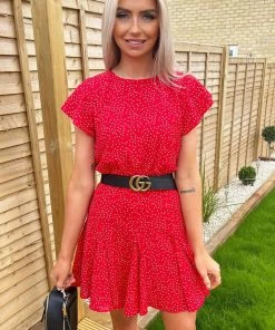AX Paris Dresses Red Polka Dot Frill Sleeve Skater Dress