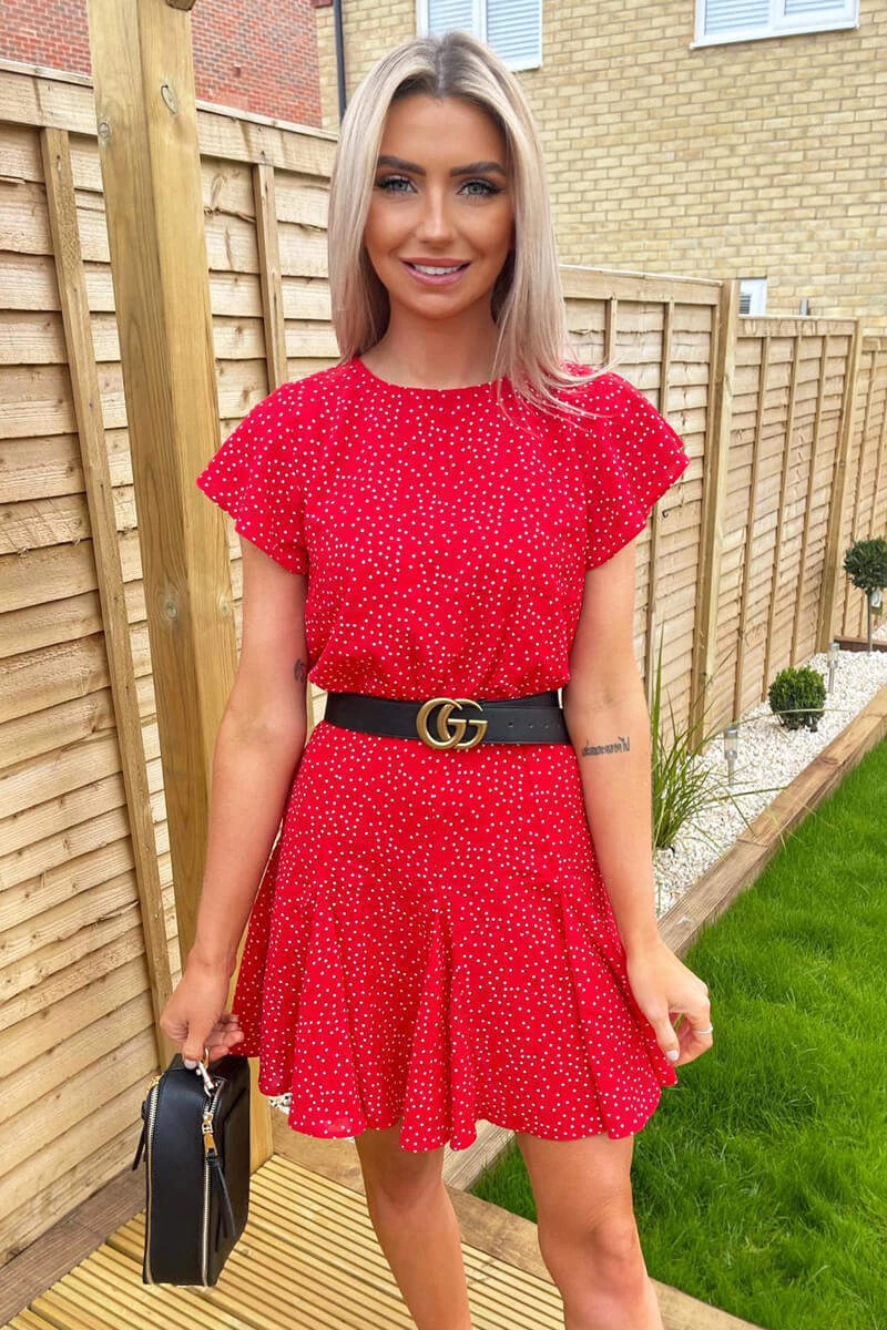 AX Paris Dresses Red Polka Dot Frill Sleeve Skater Dress 2 AX Paris Dresses Red Polka Dot Frill Sleeve Skater Dress