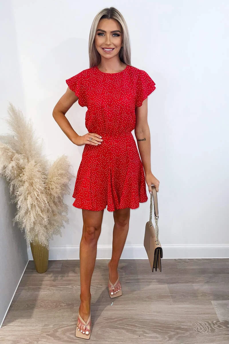 AX Paris Dresses Red Polka Dot Frill Sleeve Skater Dress 3 AX Paris Dresses Red Polka Dot Frill Sleeve Skater Dress