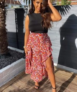 AX Paris Red Printed Skirt 2 In 1 Midi Dress