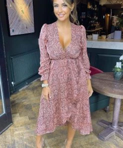 AX Paris Red Printed Tie Side Wrap Over Midi Dress Dresses