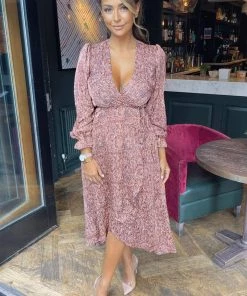 AX Paris Red Printed Tie Side Wrap Over Midi Dress Dresses