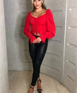 AX Paris Red Shirred Back Milkmaid Crop Top Tops