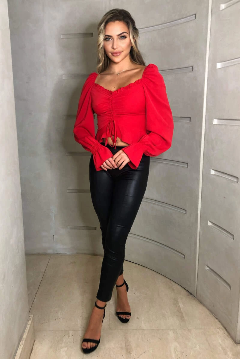 AX Paris Red Shirred Back Milkmaid Crop Top Tops 2 AX Paris Red Shirred Back Milkmaid Crop Top Tops