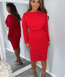 AX Paris Dresses Red Wide Neck Ruched Bodycon Dress