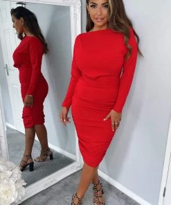 AX Paris Dresses Red Wide Neck Ruched Bodycon Dress