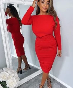 AX Paris Dresses Red Wide Neck Ruched Bodycon Dress