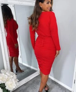 AX Paris Dresses Red Wide Neck Ruched Bodycon Dress