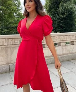AX Paris Red Wrap Over Tie Midi Dress