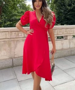 AX Paris Red Wrap Over Tie Midi Dress