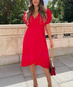 AX Paris Red Wrap Over Tie Midi Dress