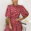 AX Paris Red And Blue Floral Puff Sleeve Skater Dress Dresses