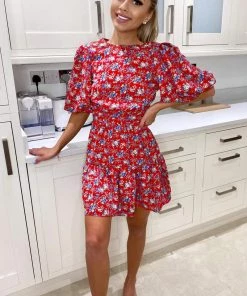 AX Paris Red And Blue Floral Puff Sleeve Skater Dress Dresses