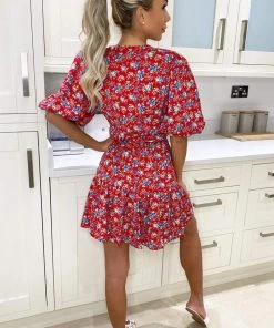 AX Paris Red And Blue Floral Puff Sleeve Skater Dress Dresses 8 AX Paris Red And Blue Floral Puff Sleeve Skater Dress Dresses