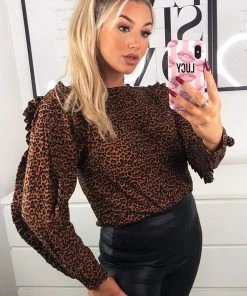 AX Paris Rust Animal Print Pleated Sleeve Top Tops