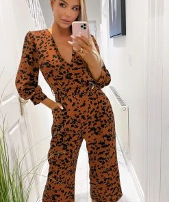 AX Paris Jumpsuits And Playsuits Rust Animal Printed Long Sleeve Jumpsuit