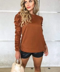 AX Paris Tops Rust Ruched Long Sleeve Top