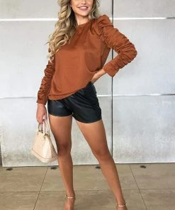 AX Paris Tops Rust Ruched Long Sleeve Top