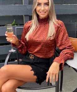 AX Paris Rust Spotty High Neck Elasticated Top