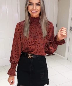 AX Paris Rust Spotty High Neck Elasticated Top