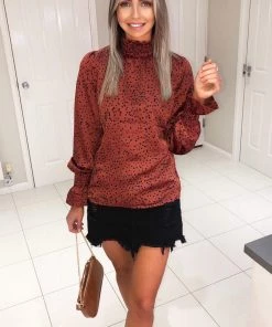 AX Paris Rust Spotty High Neck Elasticated Top