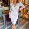 AX Paris Silver Ruched Long Sleeve Cross Front Midi Dress Dresses