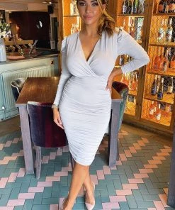 AX Paris Silver Ruched Long Sleeve Cross Front Midi Dress Dresses