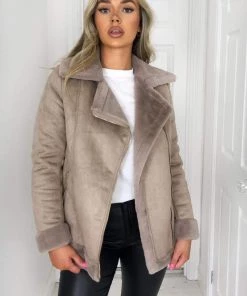 AX Paris Coats & Jackets Stone Faux Suede Aviator Jacket