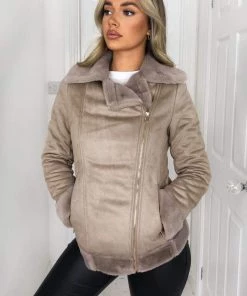 AX Paris Coats & Jackets Stone Faux Suede Aviator Jacket