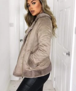 AX Paris Coats & Jackets Stone Faux Suede Aviator Jacket