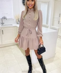 AX Paris Stone High Neck Button Frill Hem Dress Dresses