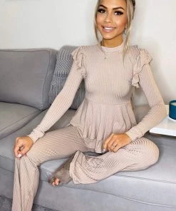 AX Paris Loungewear Stone Ribbed Frilled Hem Lounge Suit