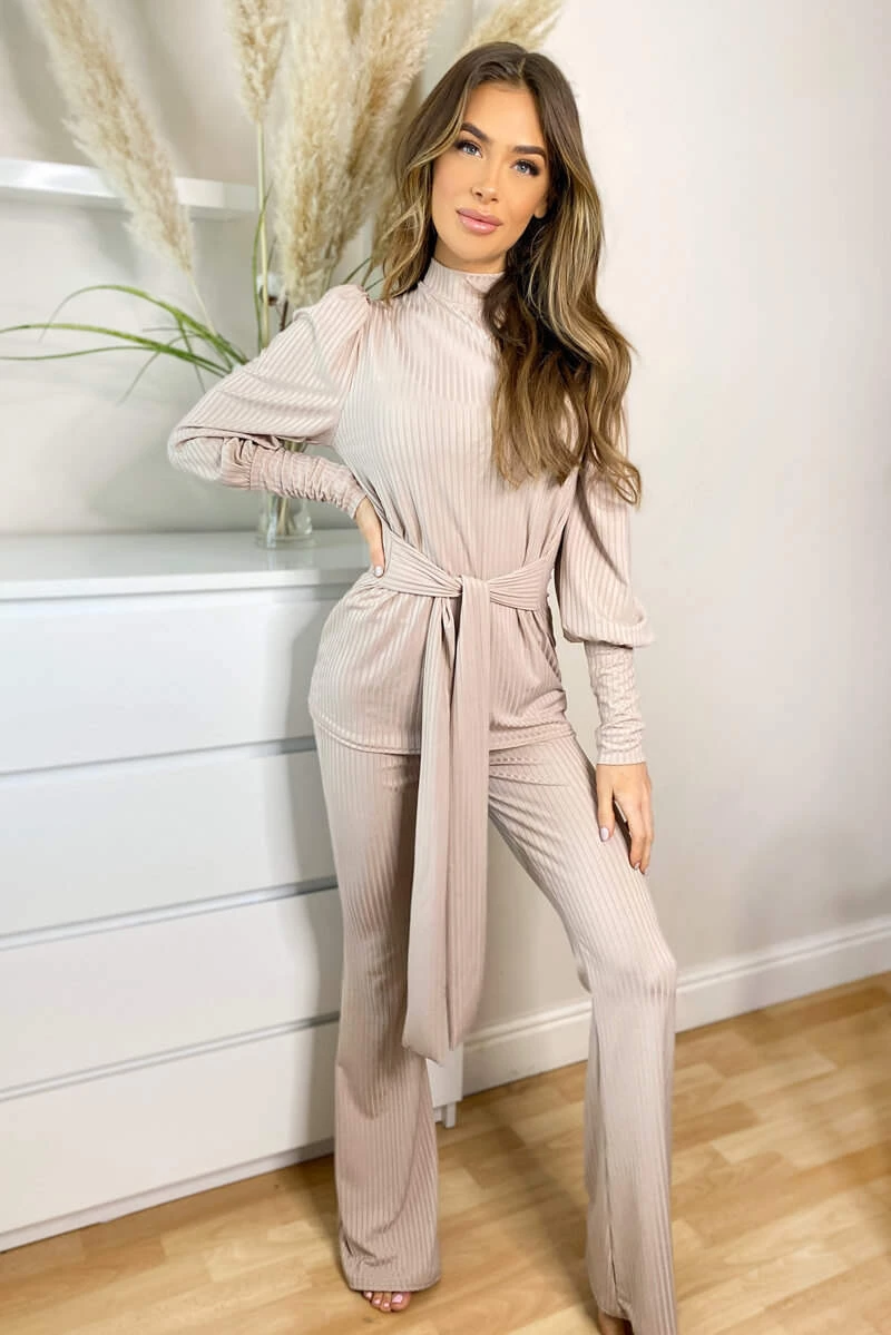 AX Paris Stone Ribbed Tie Waist Lounge Set Loungewear 1 AX Paris Stone Ribbed Tie Waist Lounge Set Loungewear