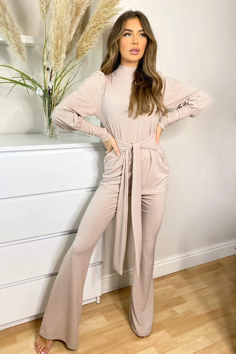 AX Paris Stone Ribbed Tie Waist Lounge Set Loungewear 3 AX Paris Stone Ribbed Tie Waist Lounge Set Loungewear
