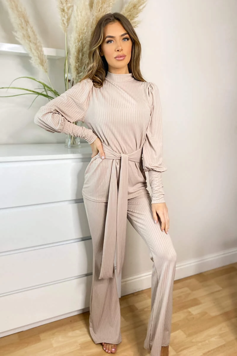 AX Paris Stone Ribbed Tie Waist Lounge Set Loungewear 4 AX Paris Stone Ribbed Tie Waist Lounge Set Loungewear
