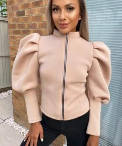 AX Paris Stone Scuba Puff Sleeve Jacket Tops