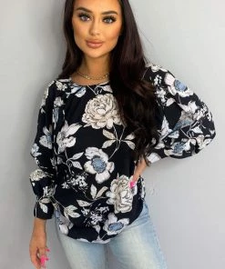 AX Paris Black Floral Wide Sleeve Blouse Tops