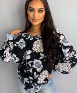 AX Paris Black Floral Wide Sleeve Blouse Tops