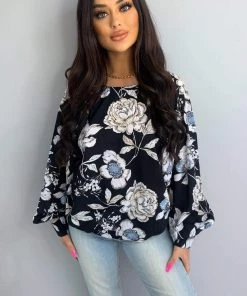 AX Paris Black Floral Wide Sleeve Blouse Tops