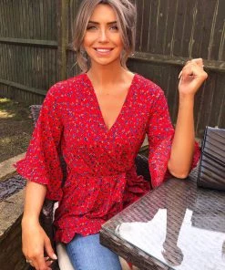 AX Paris Red Floral Wrap Top