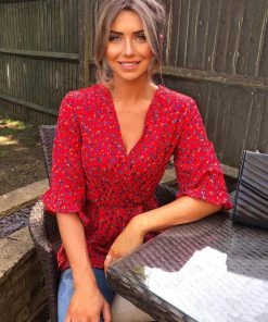 AX Paris Red Floral Wrap Top