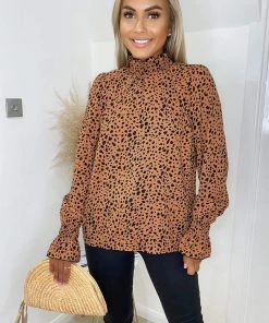 AX Paris Tops Tan Printed Elasticated Cuff Long Sleeve Top