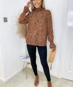 AX Paris Tops Tan Printed Elasticated Cuff Long Sleeve Top