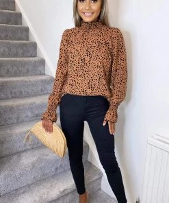 AX Paris Tops Tan Printed Elasticated Cuff Long Sleeve Top