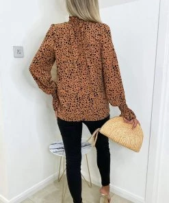 AX Paris Tops Tan Printed Elasticated Cuff Long Sleeve Top