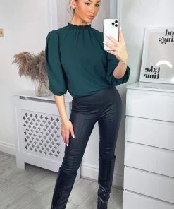 AX Paris Teal Elasticated Neck Puff Sleeve Blouse Tops