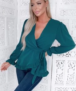 AX Paris Tops Teal Frill Wrap Top