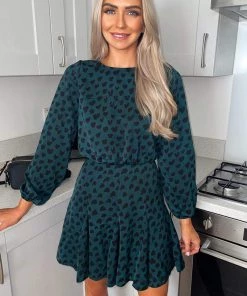 AX Paris Dresses Teal Heart Print Pleat Long Sleeve Dress