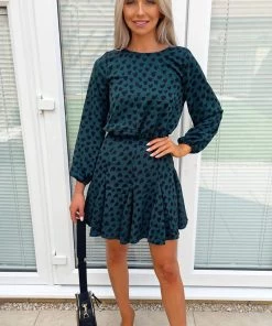 AX Paris Dresses Teal Heart Print Pleat Long Sleeve Dress